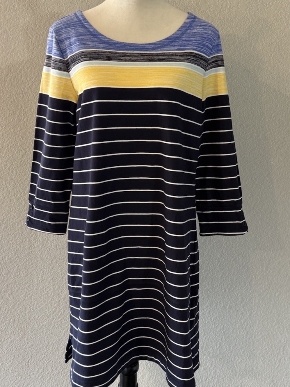 T by Talbots Striped Sheath Dress Womens Large Navy White Yellow Knit